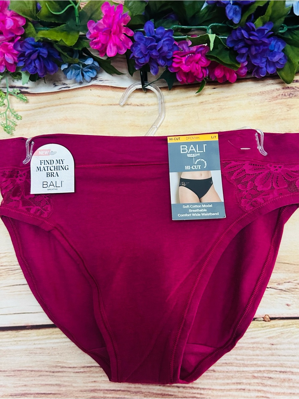Bali Women’s Magenta Pink Hi-Cut Cotton Modal Lace Detail Underwear L/7 NWT
